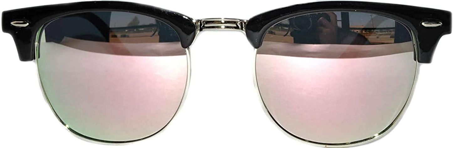 Half Frame Sunglasses Black Silver Metal Frame Silver Mirror Lens