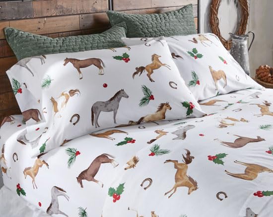 Rods - Holly Horses (Sheet Set) - Cozy Winter Horse - Brown Tan Grey Red Green White - 4-Piece King Sheet Set - Top Sheet (112x102)-Fitted Sheet
