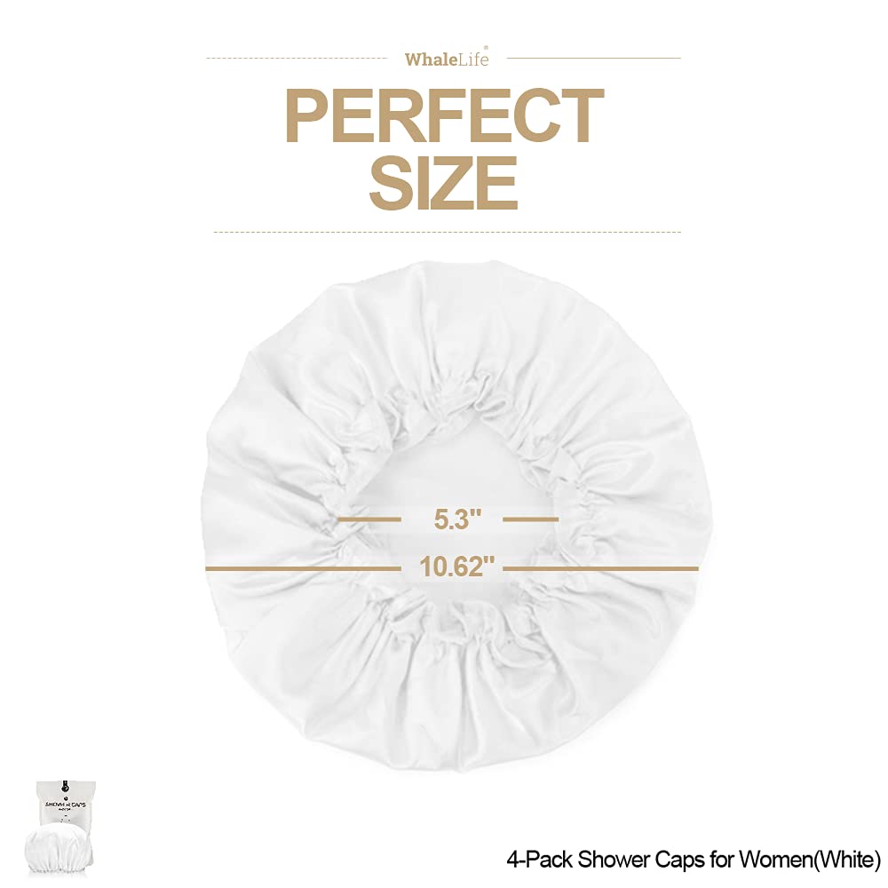 Shower Cap for Women Reusable Extra Large Shower Cap for Men (White 4 Pack Large) Satin Double Layer EVA Waterproof Long Hair Cap