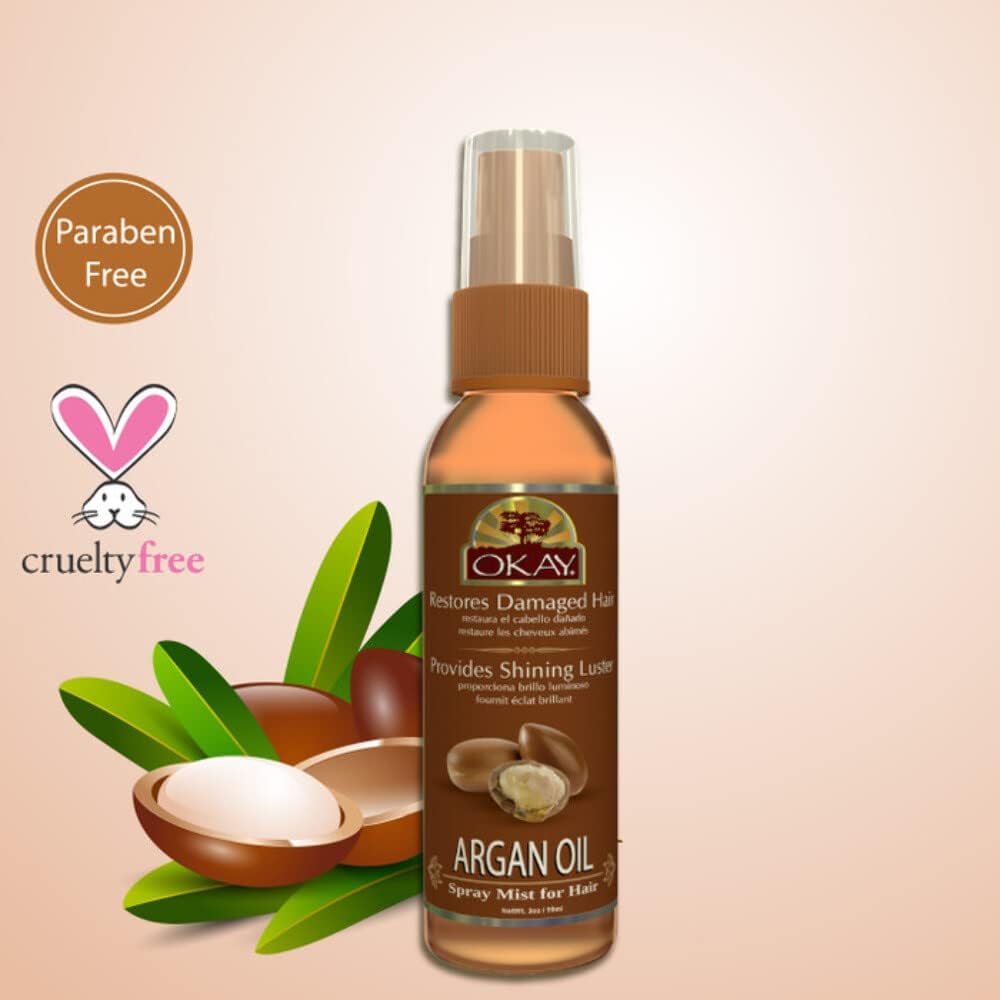 Okay Moisturizing Mist Hair Spray with Argan Oil - Hydrating Hair Oil Mist with Vitamin E, Restores Damaged Strands, Provides Shining Luster
