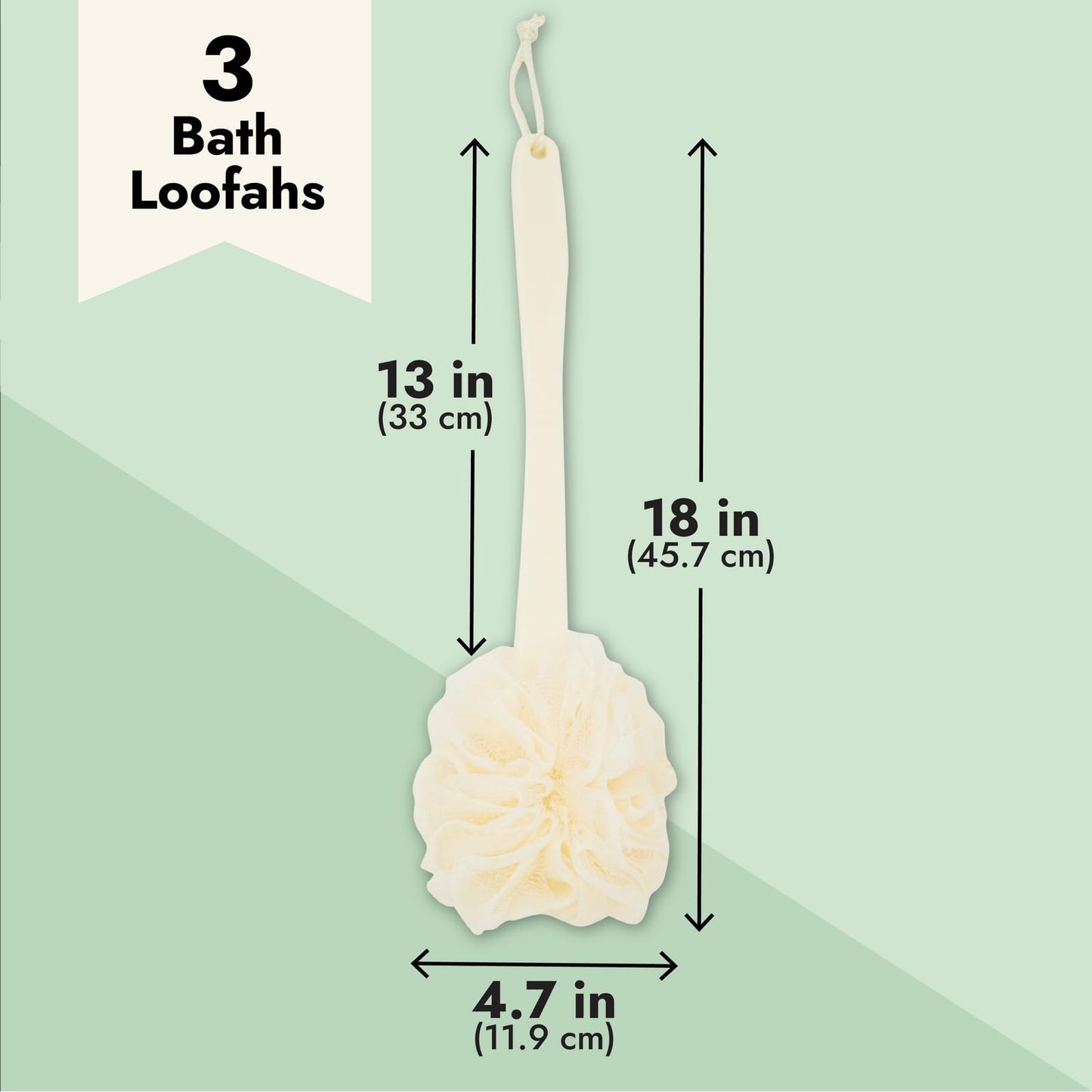 Juvale Exfoliating Luffa Shower Scrubber & Bath Scrubber for Body - 18 in, Ivory, 3-Pack - Loofah on a Stick & Shower Brush for Back