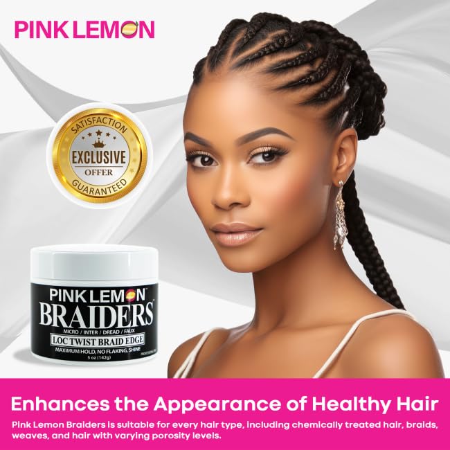 PINK LEMON Braiding Gel (5 oz) - Maximum Hold, No Flaking, Long Lasting Hold, High Shine. For Micro, Inter, Dread, Faux, Loc, Twist, Braid, Edge.