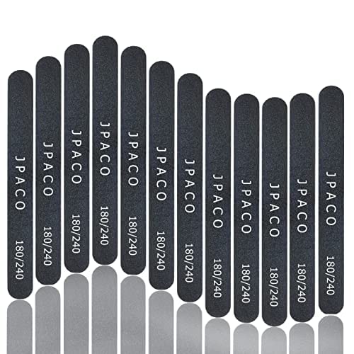 12-Pack Professional Nail Files: Double-Sided Emery Boards for Natural, Acrylic, Poly, and Gel Nails - Washable Black Manicure Tools Set by JPACO
