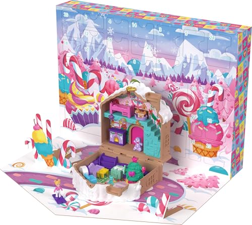 Polly Pocket Doll Advent Calendar, DIY Gingerbread House Playset with 24+ Surprises, Dollhouse Furniture, and Holiday Accessories