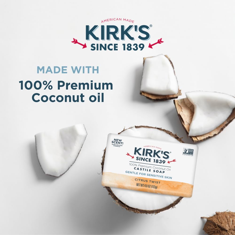 Kirk's Castile Bar Soap, Citrus Twist - Clinically Tested, Safe for Sensitive Skin with Coconut Oil, Vegan and Non-GMO - 4 oz Bars, 6 Pack