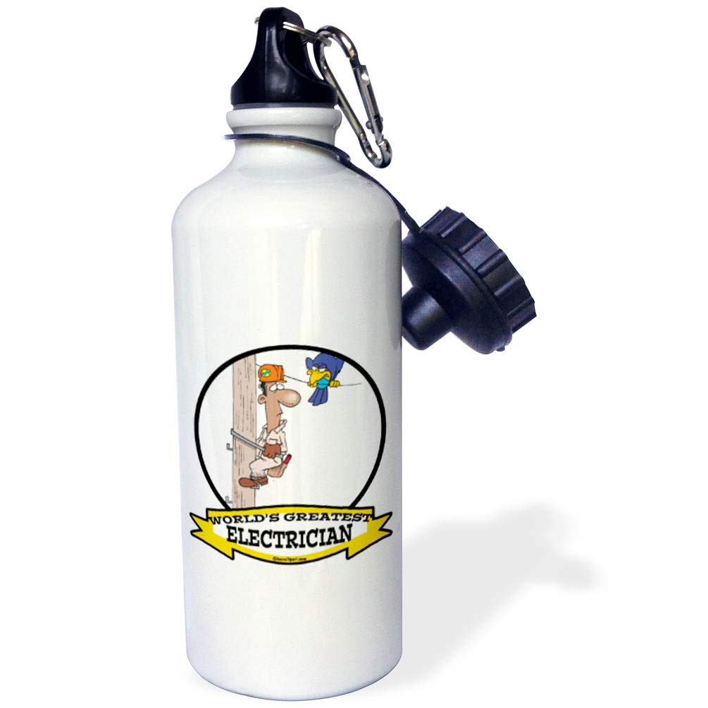 3dRose "Funny Worlds Greatest Electrician III Cartoon" Sports Water Bottle, 21 oz, White
