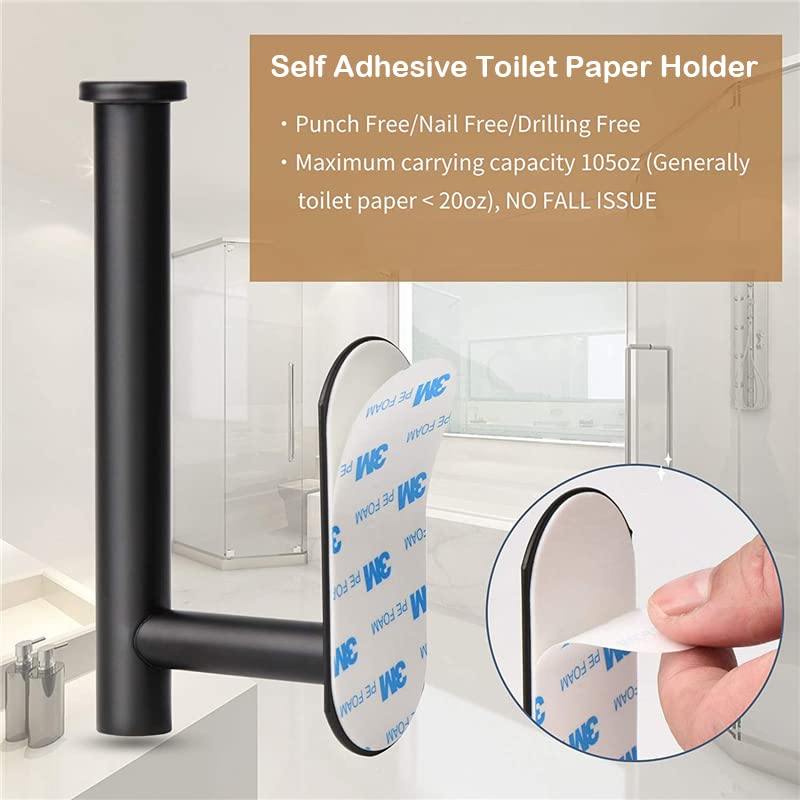 JOPOFI Self Adhesive Toilet Paper Holder – No-Drill Wall Mount, SUS 304 Stainless Steel, Matte Black Bathroom Roll Holder