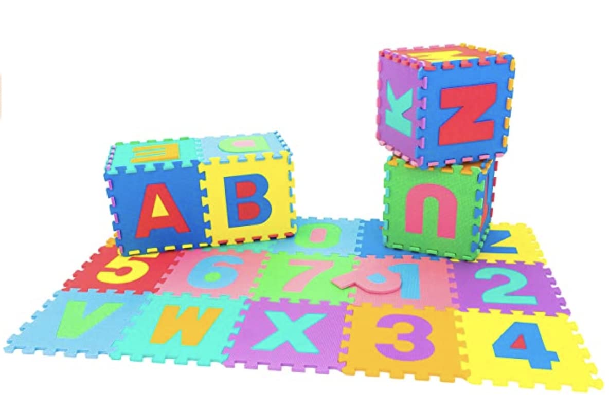 Little Fun Times Alphabet Play Mat – 60 PCS 12" EVA Foam Tiles, 71.5"x71.5" Interlocking Floor Puzzle with Letters, Numbers & Edges
