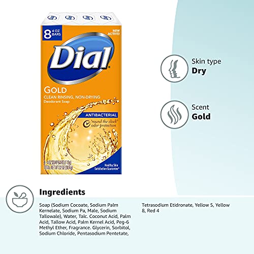 Dial Antibacterial Bar Soap, Gold, 32 Bars, 8 Count (Pack of 4)