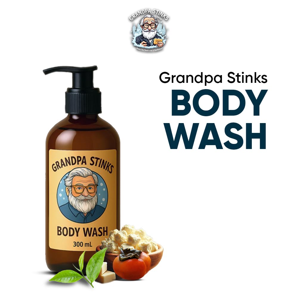 Grandpa Stinks® Body Wash - Persimmon & Green Tea Deodorizing Cleanser - Natural Odor Eliminator for Men - Hydrating Daily Shower Gel with Shea Butter
