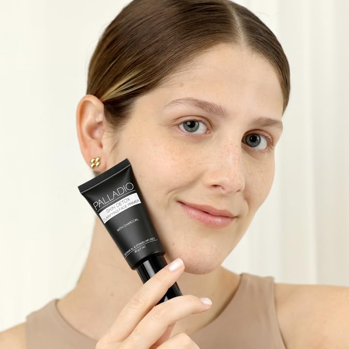 Palladio Skin Detox Clarifying Face Primer with Charcoal, creates a smooth base for makeup application, protects skin, provides long wear flawless