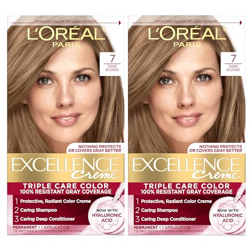 L'Oreal Paris Excellence Crème Permanent Hair Dye, Triple Care Hair Color with Hyaluronic Acid for 100% Gray Coverage, 7 Dark Blonde, 1 Kit (Pack