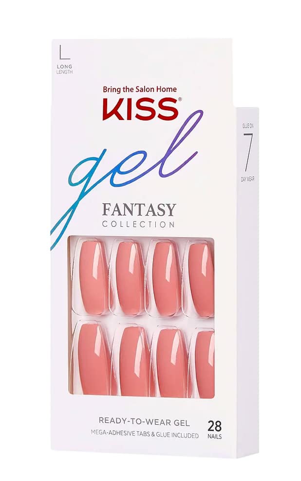 Kiss Gel Fantasy Collection Fake Nails Manicure Set, Pink, Long Length, Coffin Shaped, Style 'Urbane', with Mini Nail File, Pink Gel Nail Glue & 28 Beauty & Personal Care KISS