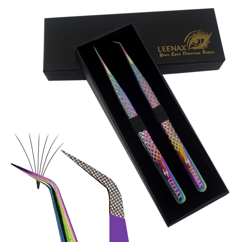 Eyelash Extension Tweezers Fiber Tip (Anti - Slip) Set of 2 pieces straight & curved with Diamond Grip, Rainbow Colour,14cm, volume Tweezers, Lash