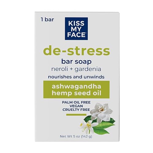 Kiss My Face De-Stress Bar Soap - Neroli + Gardenia - Vegan Soap Bar with Hemp Seed Oil - Cruelty Free and Palm Oil Free Bath Soap (Neroli + Gardenia