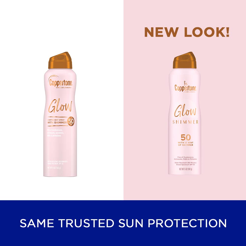 Coppertone Glow with Shimmer Sunscreen Spray SPF 50, Water Resistant Spray Sunscreen, Broad Spectrum SPF 50 Sunscreen Spray, 5 Oz Spray