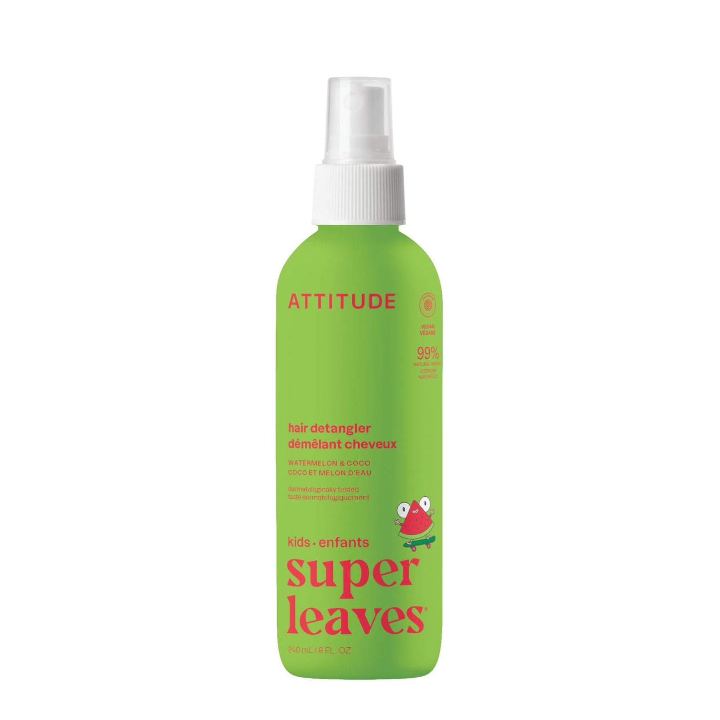 ATTITUDE Rinse-free Hair Detangler Spray for Kids, EWG Verified Leave In Product, Plant- and Mineral-Based Ingredients, Vegan, Watermelon & Coco, 8 Fl