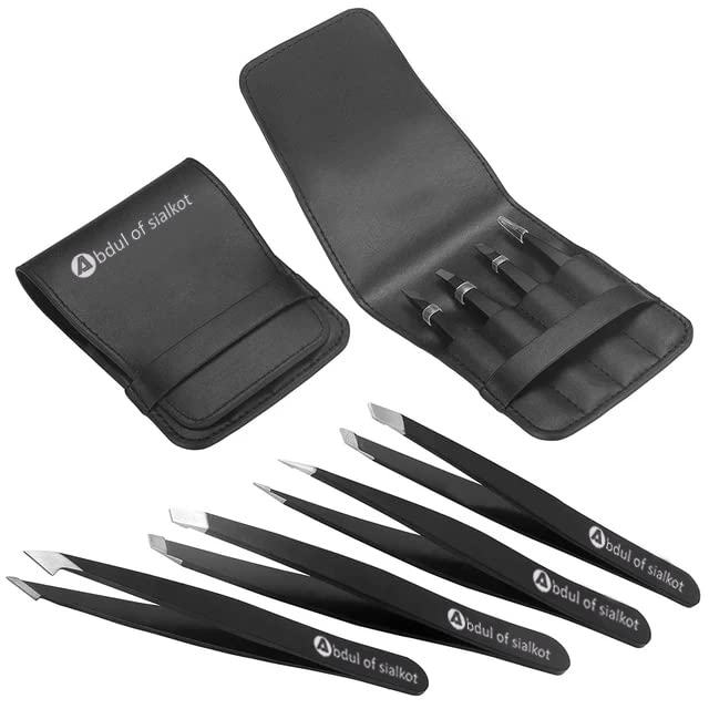 Abdul of Sialkot Eyebrow Tweezer Set for Women & Men - Professional Slant and Pointed Tweezers Set with Case - Precision Tweezers Kit for Facial Hair