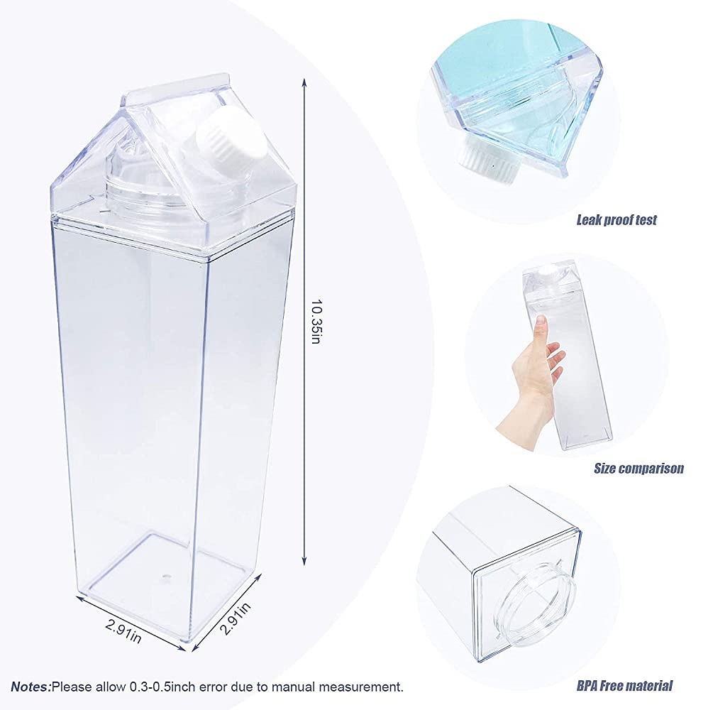 FveBzem Milk Carton Water Bottle 33oz (1000mL) Plastic Square Milk Bottles No BPA Leakproof Water Bottle Portable Reusable Milk Carton Shaped Juice