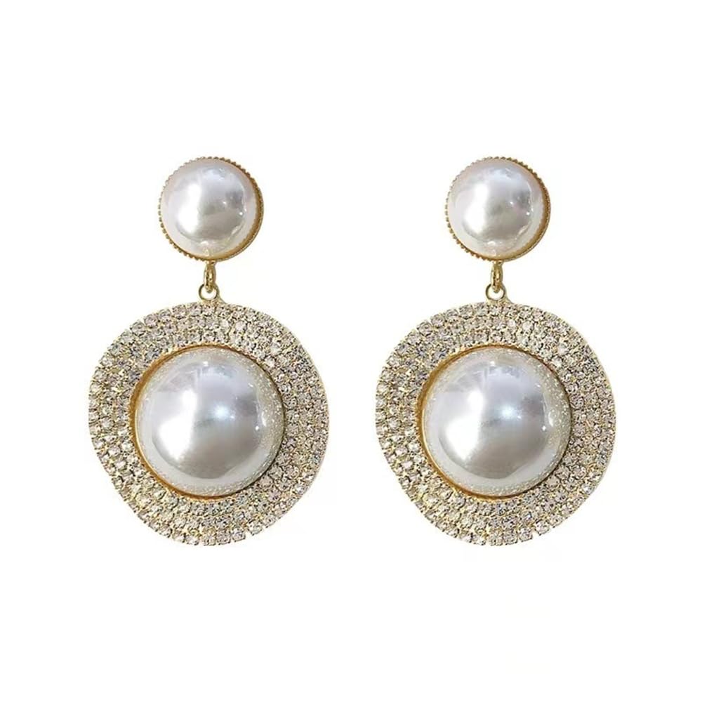 Xerling Bling Rhinestone Pearl Button Stud Earrings for Women Shiny Statement Pearl Dangle Bridal Earrings for Wedding Prom Party