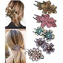 5 Pcs double flower decorative jeweled rhinestone hair clip pretty fancy floral thick crystal hair clips for women beautiful fashion designer asian
