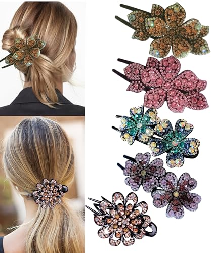 5 Pcs double flower decorative jeweled rhinestone hair clip pretty fancy floral thick crystal hair clips for women beautiful fashion designer asian
