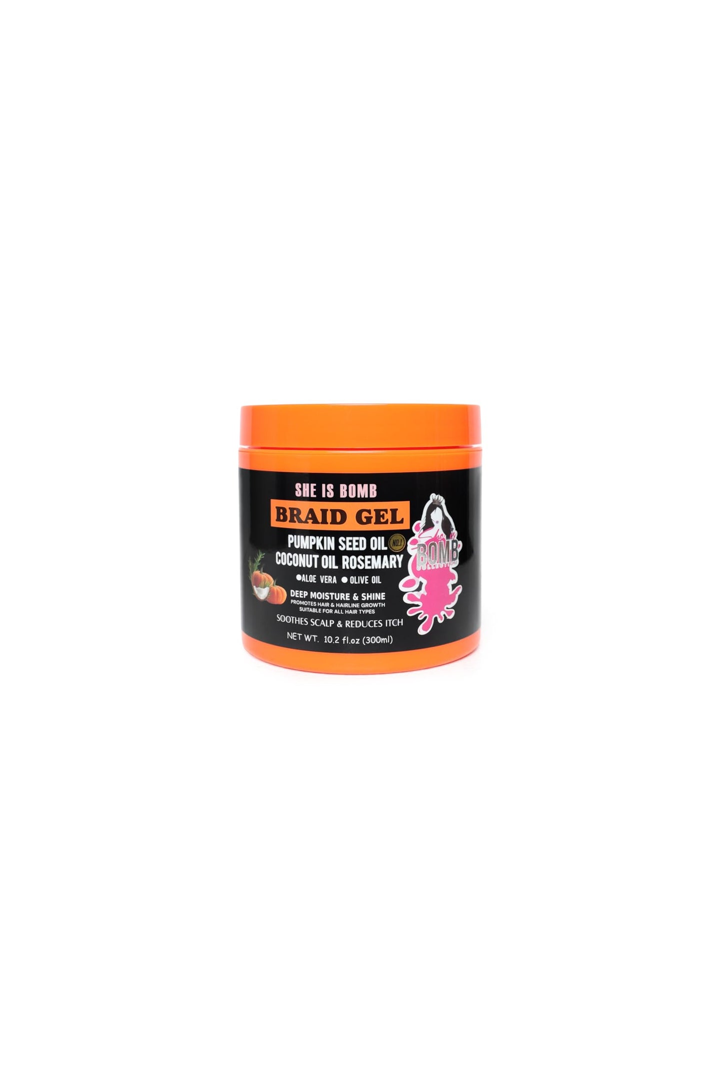 SHE IS BOMB Braid Gel with Pumpkin Seed Oil, Coconut Oil, Rosemary, Aloe Vera and Olive Oil, 10.2 fl oz