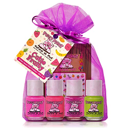 Piggy Paint | 100% Non-Toxic Girls Nail Polish | Safe, Cruelty-free, Vegan, & Low Odor for Kids | Cutie Fruity (4 Polish + Nail Art Gift Set)