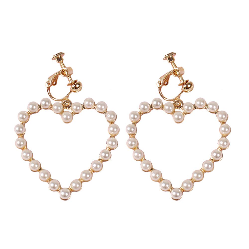 DoubleNine Wedding Bridal Earrings Clips No Piercing Heart Hoop Cute Beads Gold Minimal Love Sweet Jewelry for Women Girls