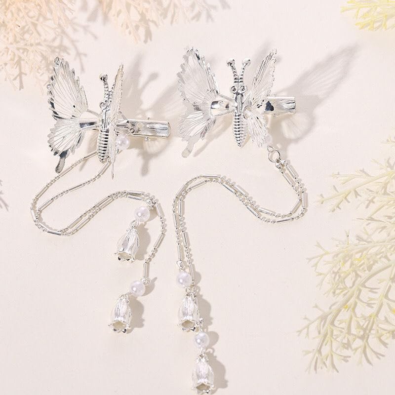 Bartosi Butterfly Clips Hair Silver Hair Barrettes Fluttering Tassel Hair Accessories Set for Women and Girls (Pack of 2)