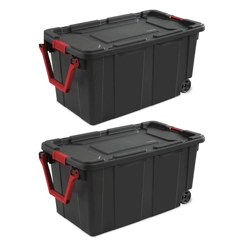 40 Gallon Wheeled Industrial Tote Plastic Storage Bin Black Set of 2