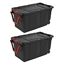 40 Gallon Wheeled Industrial Tote Plastic Storage Bin Black Set of 2
