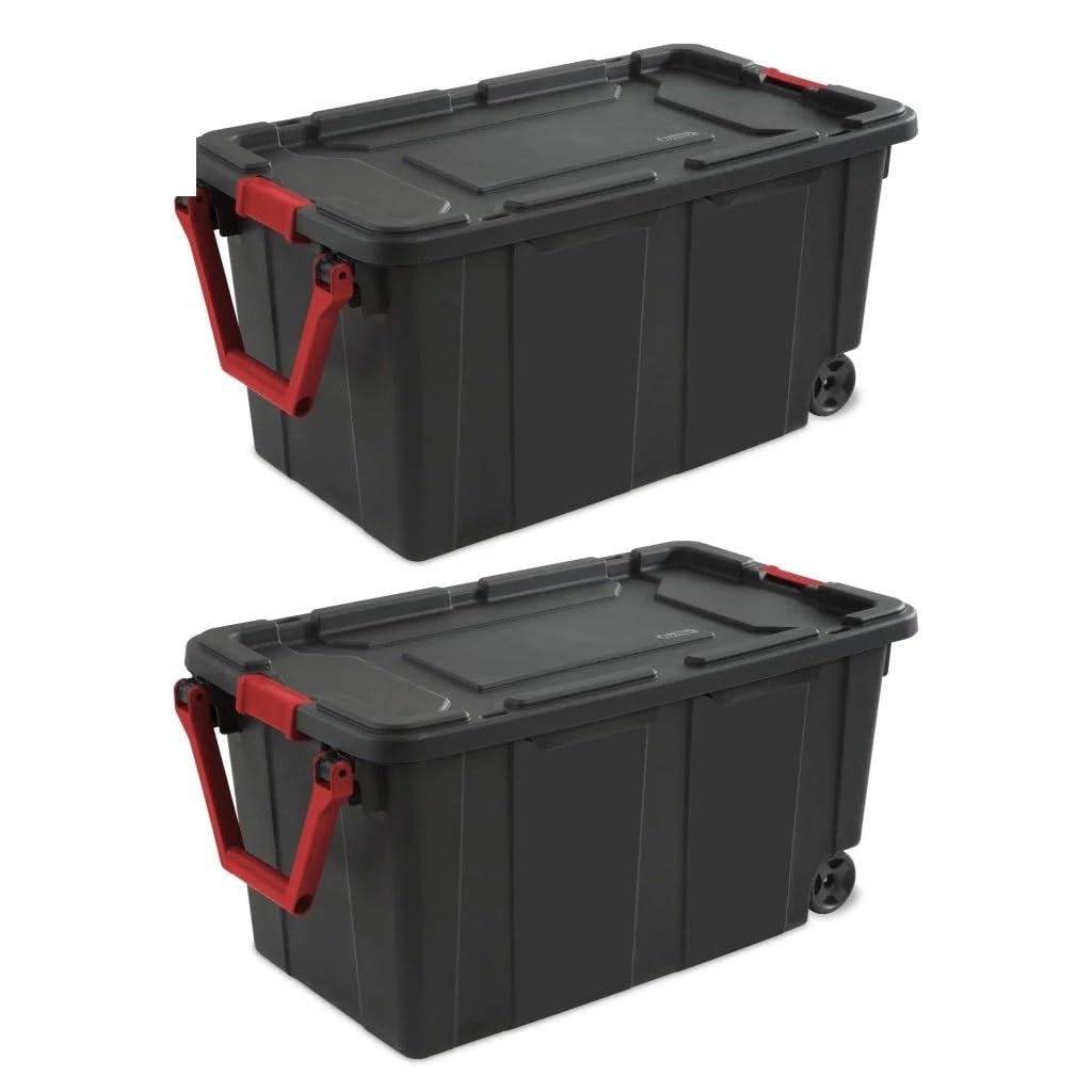 40 Gallon Wheeled Industrial Tote Plastic Storage Bin Black Set of 2
