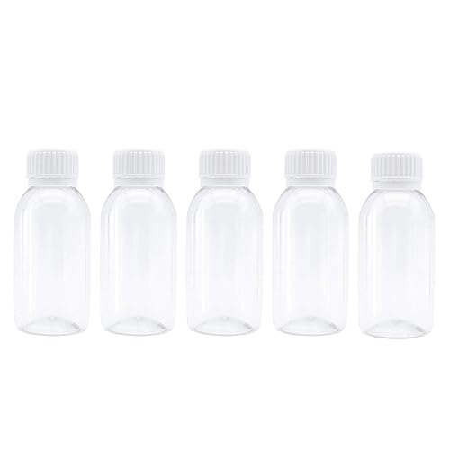 TRENDBOX Pack of 5-100ml Clear Empty PET Mini Storage 100ml/100g/100cc Bottles Hard Plastic Durable Turn Screw Cover Cap Round Filling Liquid