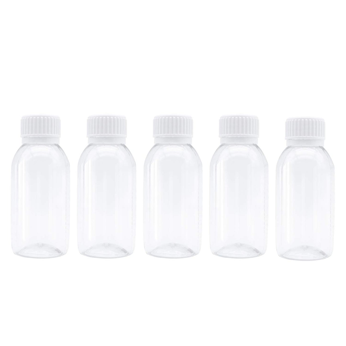TRENDBOX Pack of 5-100ml Clear Empty PET Mini Storage 100ml/100g/100cc Bottles Hard Plastic Durable Turn Screw Cover Cap Round Filling Liquid