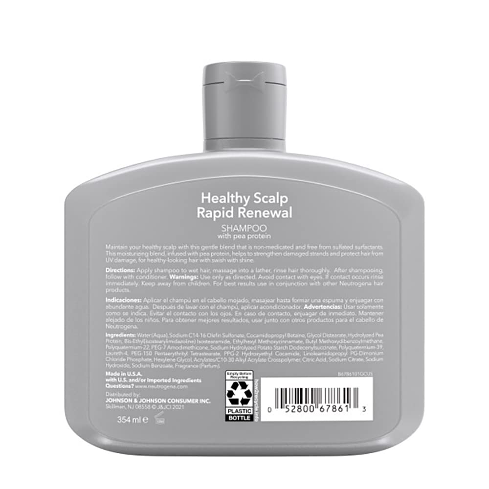 Neutrogena Healthy Scalp Rapid Renewal Shampoo with Pea Protein, UV Damage Protection for Strong, Healthy Hair, Fragrance Free, White, 12 fl oz