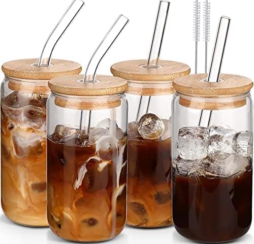 DWTS DANWEITESI 16oz Glass Cups with Lids & Straws – Set of 4 Reusable Tumblers for Iced Coffee, Bar & Gift Use