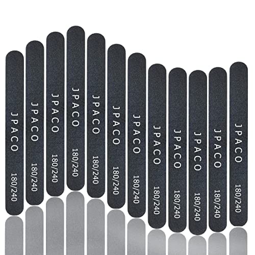 12-Pack Professional Nail Files: Double-Sided Emery Boards for Natural, Acrylic, Poly, and Gel Nails - Washable Black Manicure Tools Set by JPACO