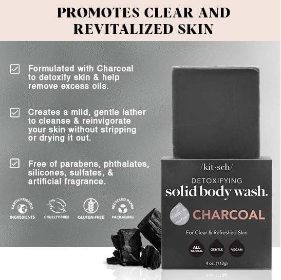Kitsch Charcoal Soap Body Wash Bar - Detoxifying Bar Soap with Activated Charcoal - Gently Removes Excess Oil & Impurities, Clears Pores, Firms Beauty & Personal Care Kitsch