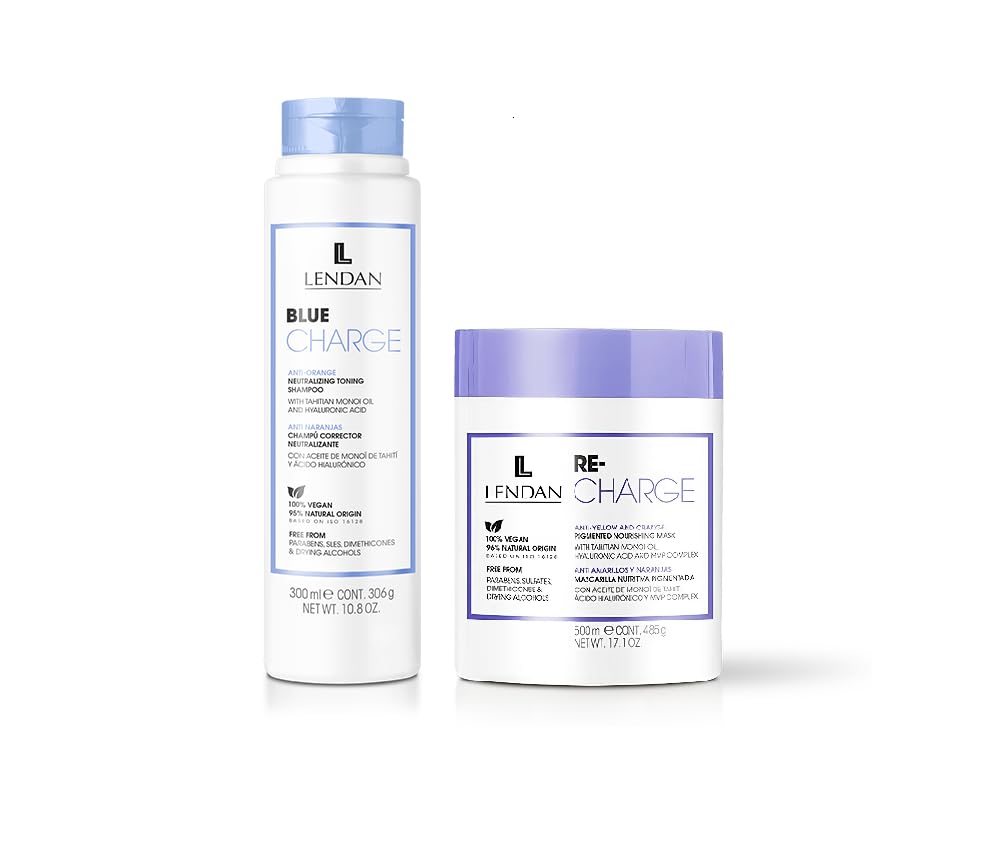 Lendan Anti-Yellow Kit with Blue Pigments, Blue Charge Shampoo 300ml + Re-Charge Mask 500ml