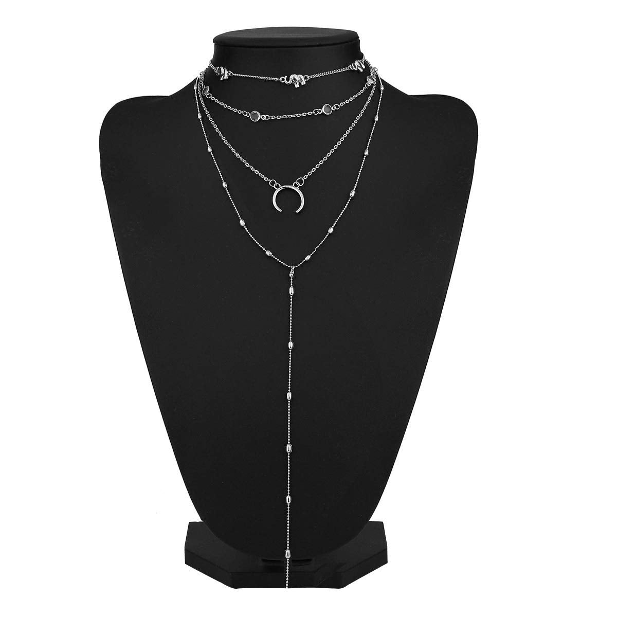 DoubleNine Bohemian Multilayered Necklace Layering Elephant Horn Moon Choker Long Chain Jewelry Accessories for Women Girl (silver)