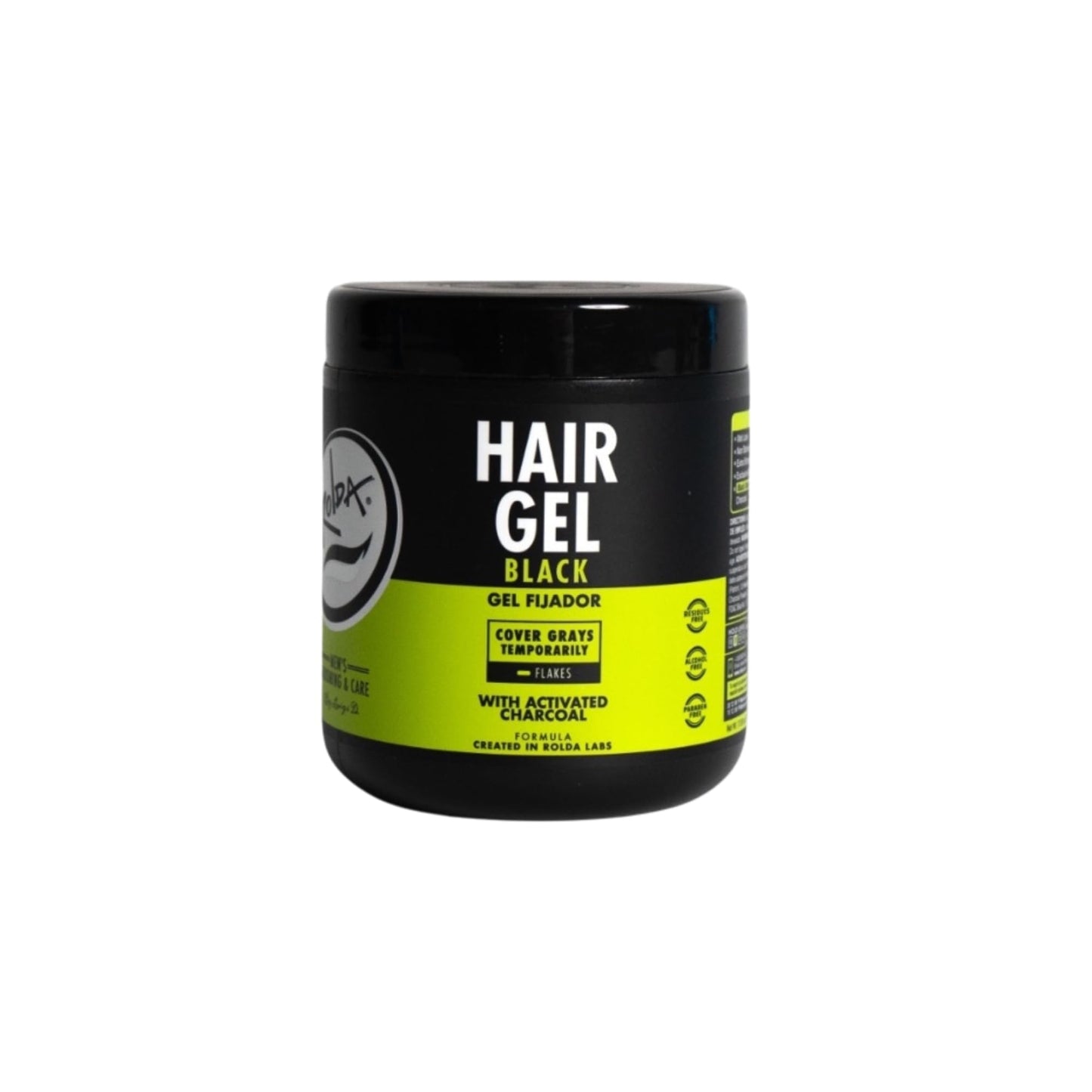 Rolda Black Hair Gel for Men - Medium Hold Styling Gel with Activated Charcoal for Wet Look - Covers Grays & Enhances Black Hair - Flake + Alcohol