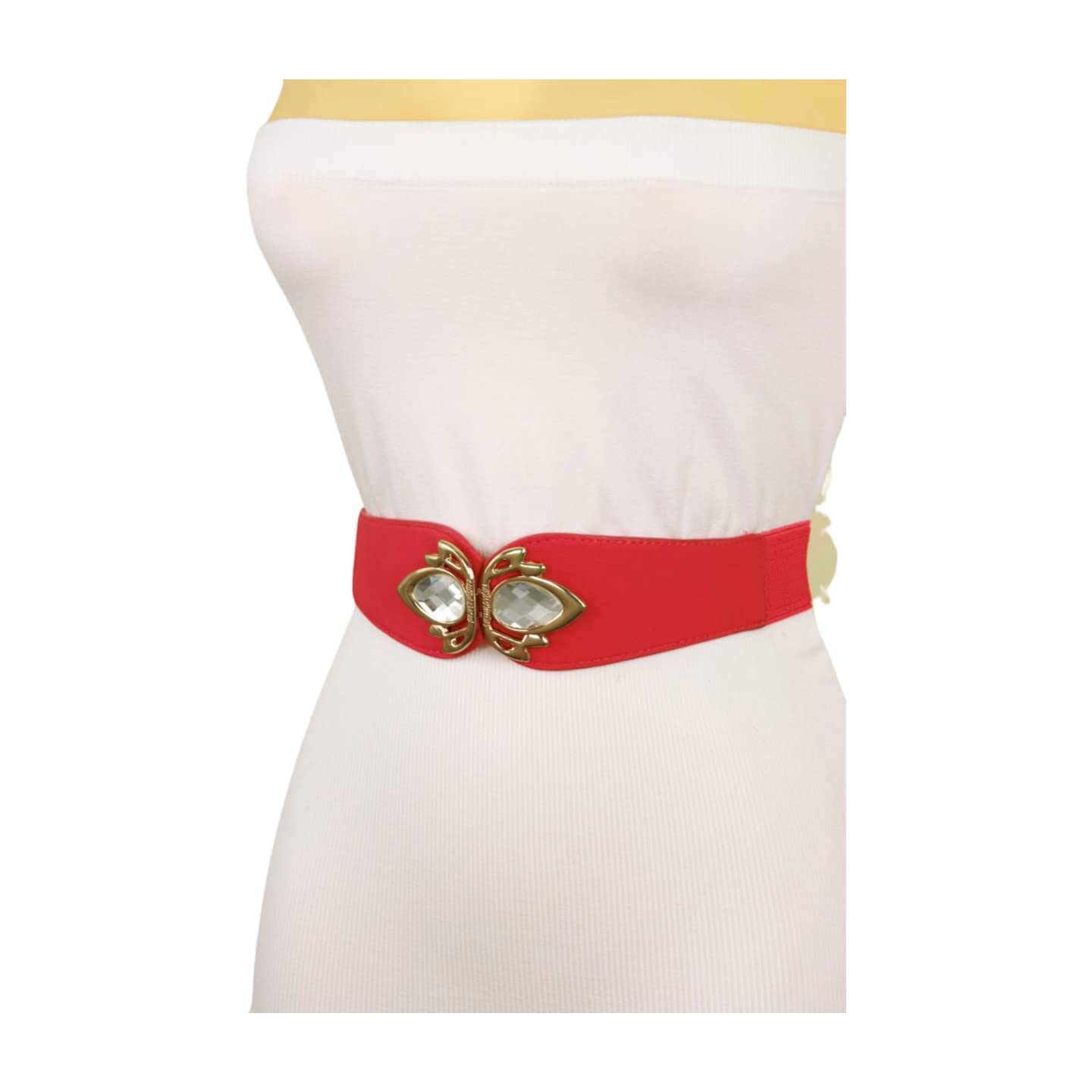 Women Fashion Belt Hip High Waist Elastic Stretch Waistband Metal Bling Buckle S M Coral Color