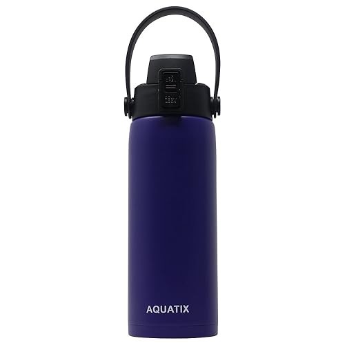 New Aquatix (Purple, 21 Ounce) Pure Stainless Steel Double Wall Vacuum Insulated Sports Water Bottle Convenient Flip Top Cap with Removable Strap