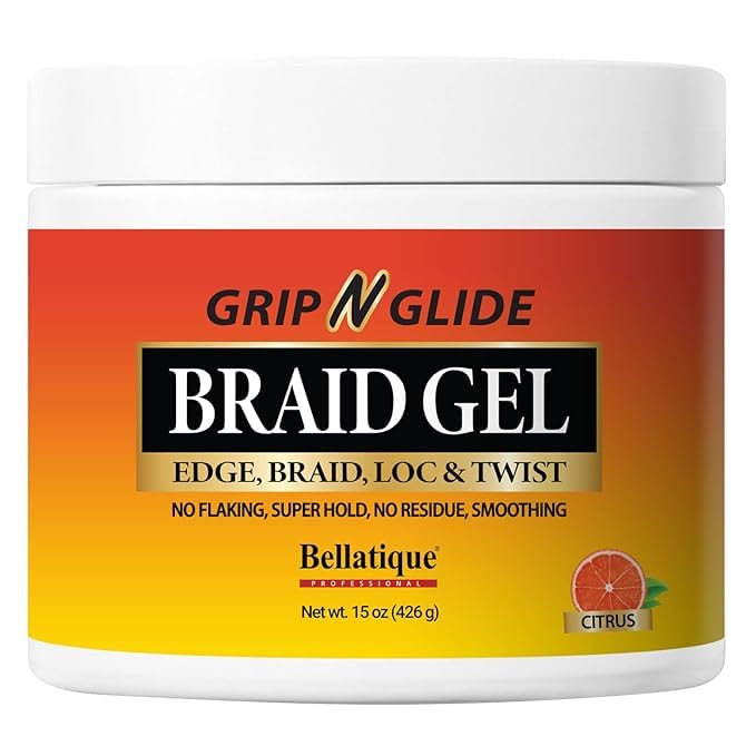 BELLATIQUE GRIP N GLIDE Braiding Gel Maximum Hold for LOC & Twist - No Flaking, No Whitening, Fast Drying, High Shine, Cool & Refreshing, Long Lasting