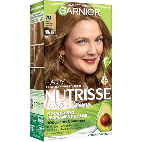 Garnier Nutrisse Ultra Crème Hair Color, Permanent Hair Dye with 100% Gray Coverage, Vegan & Cruelty-Free, 70 Dark Natural Blonde (Almond Crème), 1