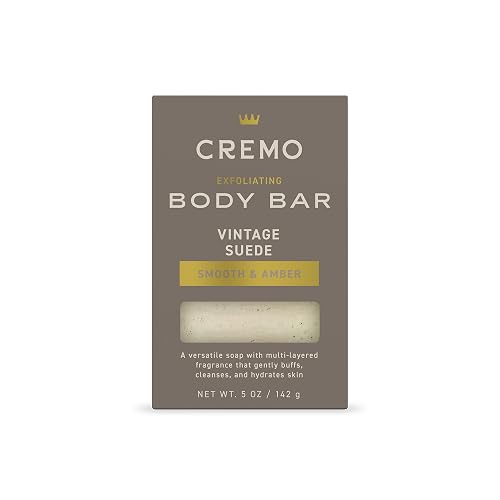Cremo Exfoliating Body Bar for Men, Vintage Suede Scent, Multi-Layered Fragrance That Buffs, Cleanses and Hydrates Skin, 5oz