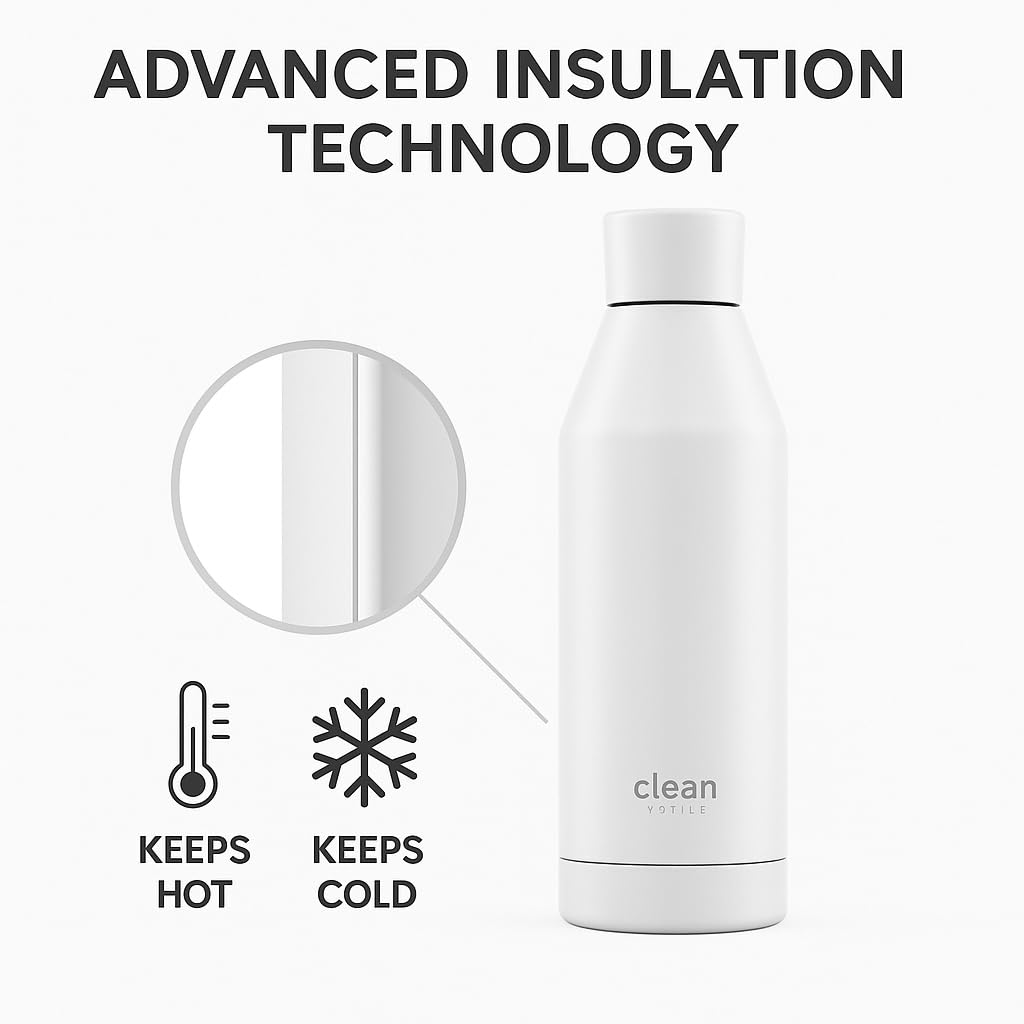 The Clean Hydration Co, Canteen 17, Easy to Clean Vacuum Insulated Stainless Steel Water Bottle with Removable Bottom Cap (White)