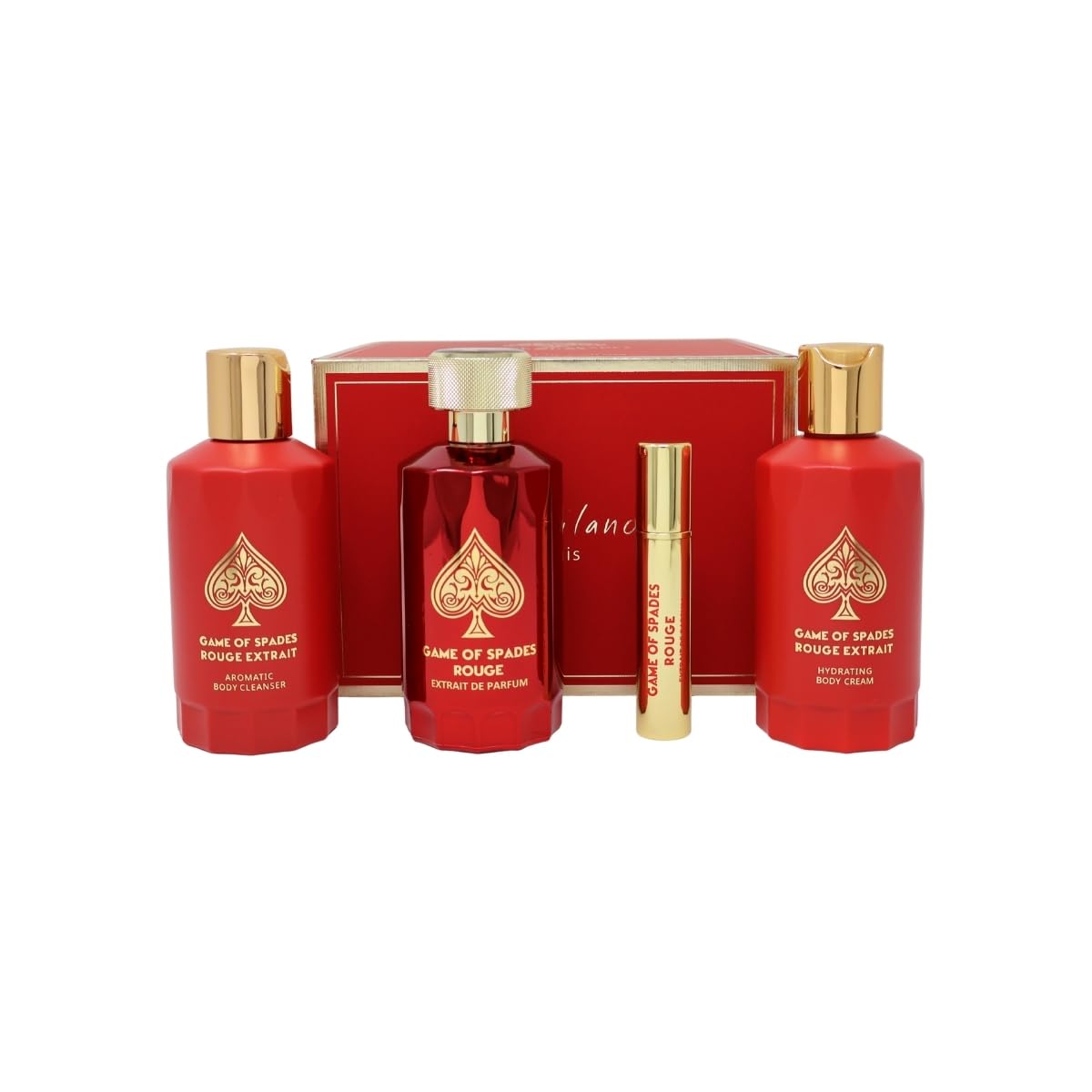 Jo Milano Game of Spades ROUGE EXTRAIT 4-Piece Gift Set Unisex, (3.4 Oz Extrait de Parfum Spray + 6.8 Oz Body Cleanser + 6.8 Oz Body Cream + 0.27 Oz