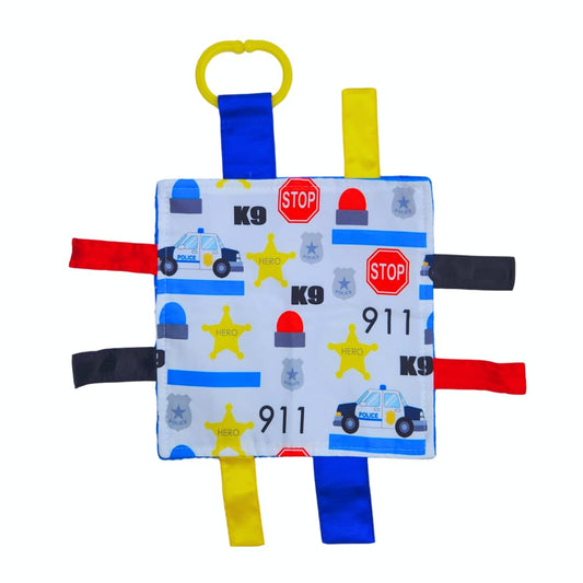 Baby Jack & Co 8x8” Police Law Enforcement Office Blue Line Lovey Tag Toy - Crinkle Toy for Developing 5 Senses - Soother - Learn Shapes & Colors -…